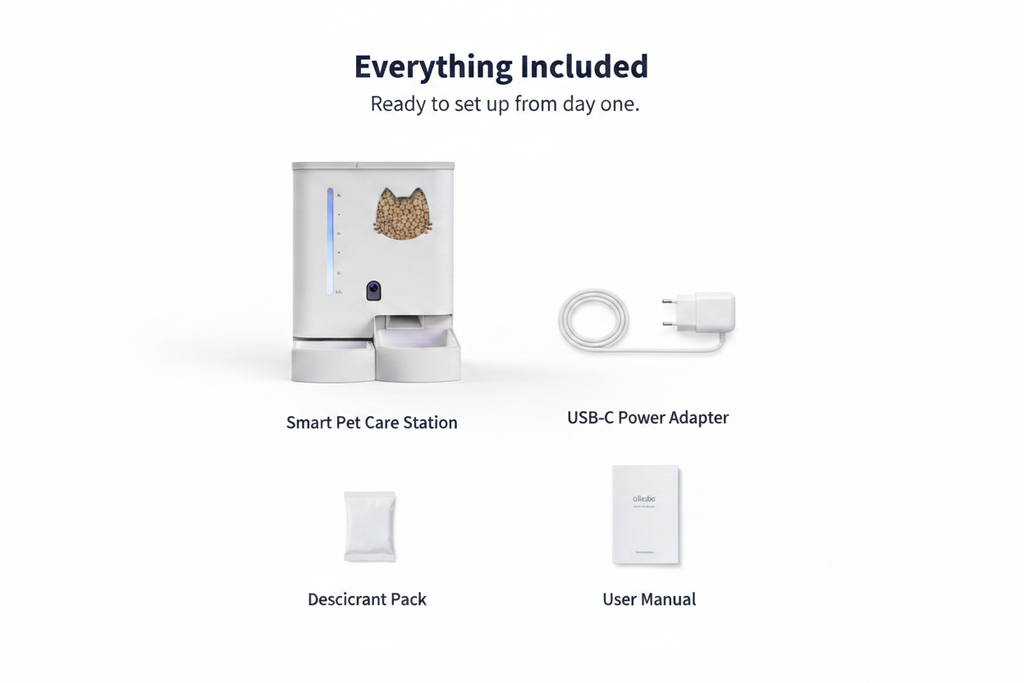 Lykke™ Smart Pet Care Station with USB-C adapter, desiccant pack and user manual
