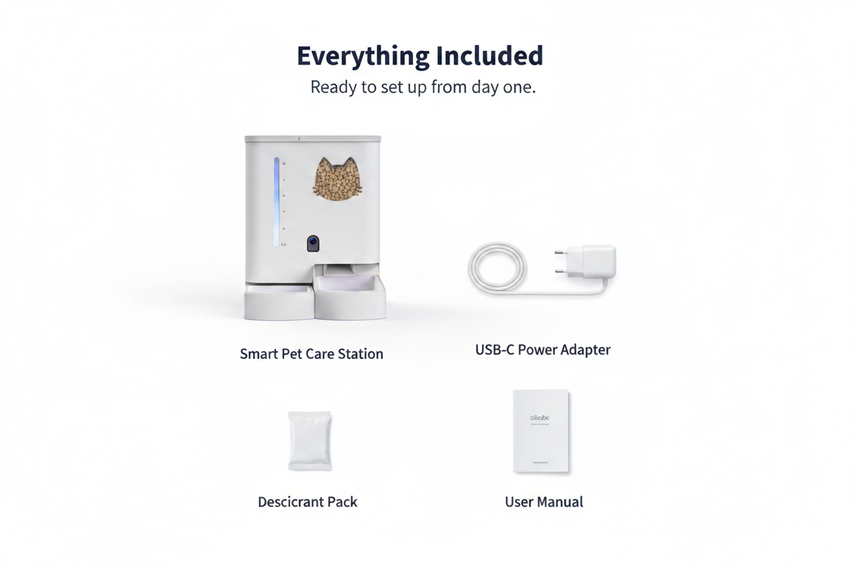 Lykke™ Smart Pet Care Station with USB-C adapter, desiccant pack and user manual
